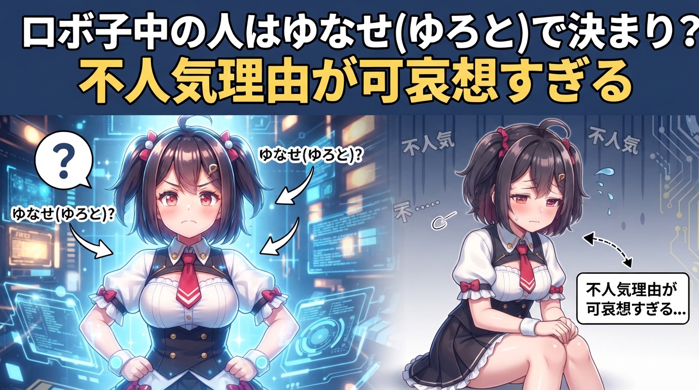悲しげな表情で立ち尽くすロボ子さんと、背景に浮かぶクエスチョンマークのイラスト
